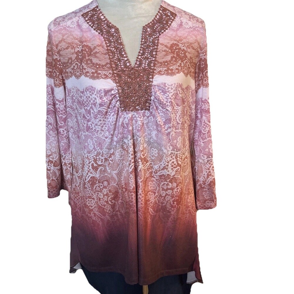 One World Women Rust Paisley & Ombré 3/4 Flair Sleeves Embellished V Neck XL NWT